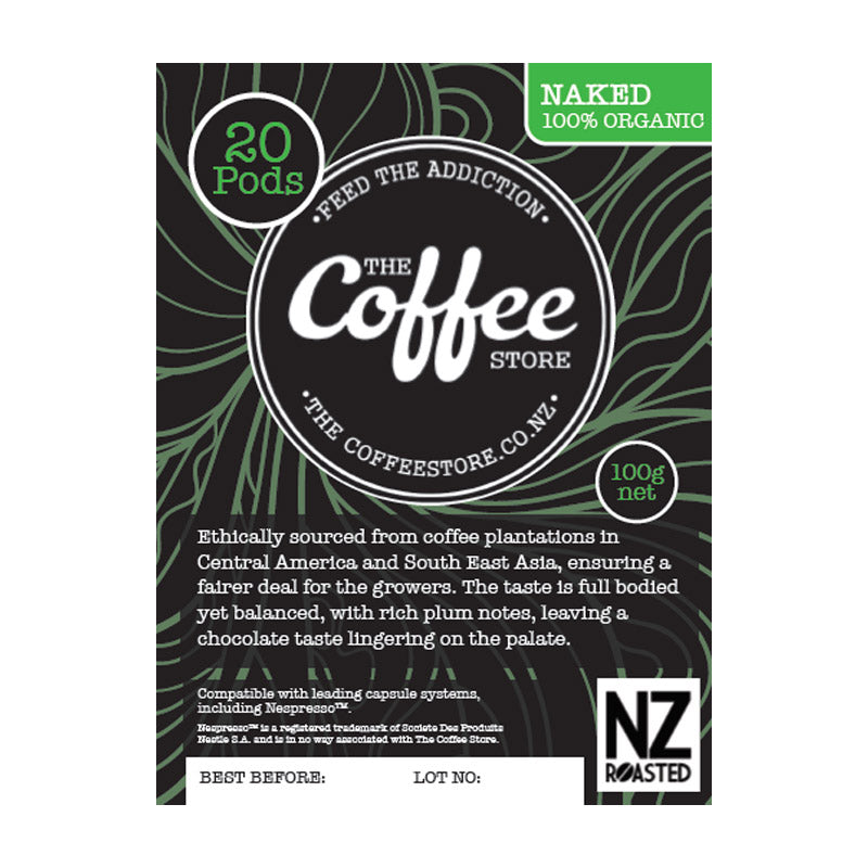 Naked Organic Coffee Pods 20 Pack NZ Roasted, Dark Roast